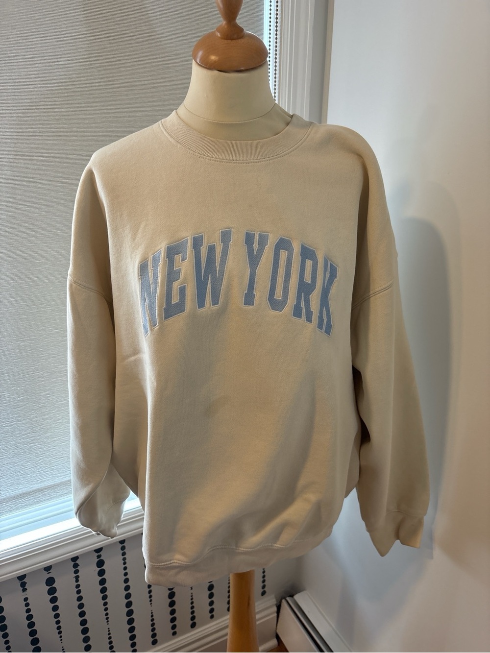 Brandy Melville Cream Crewneck with Light Blue NEW YORK Applique